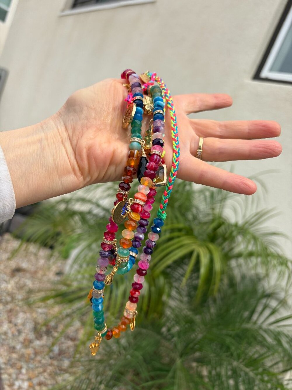 Stunning, colorful long charm necklace from Mercedes Salazar, adjustable to 36"